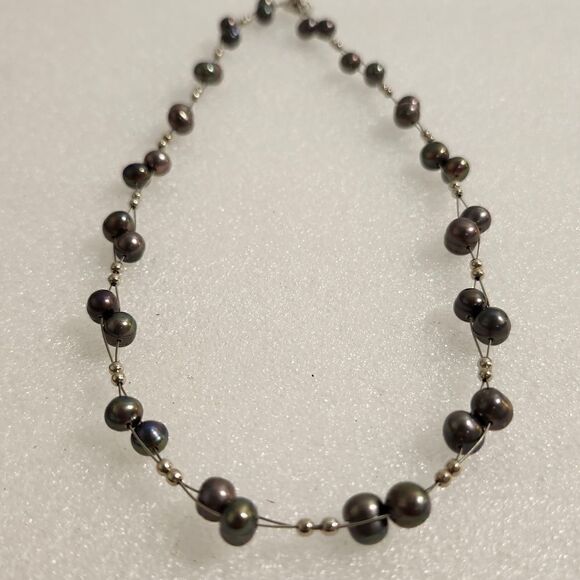 Fresh Water Pearl Wire Silver Bead Necklace Wedding Prom Choker Natural Jewelery - Picture 4 of 5